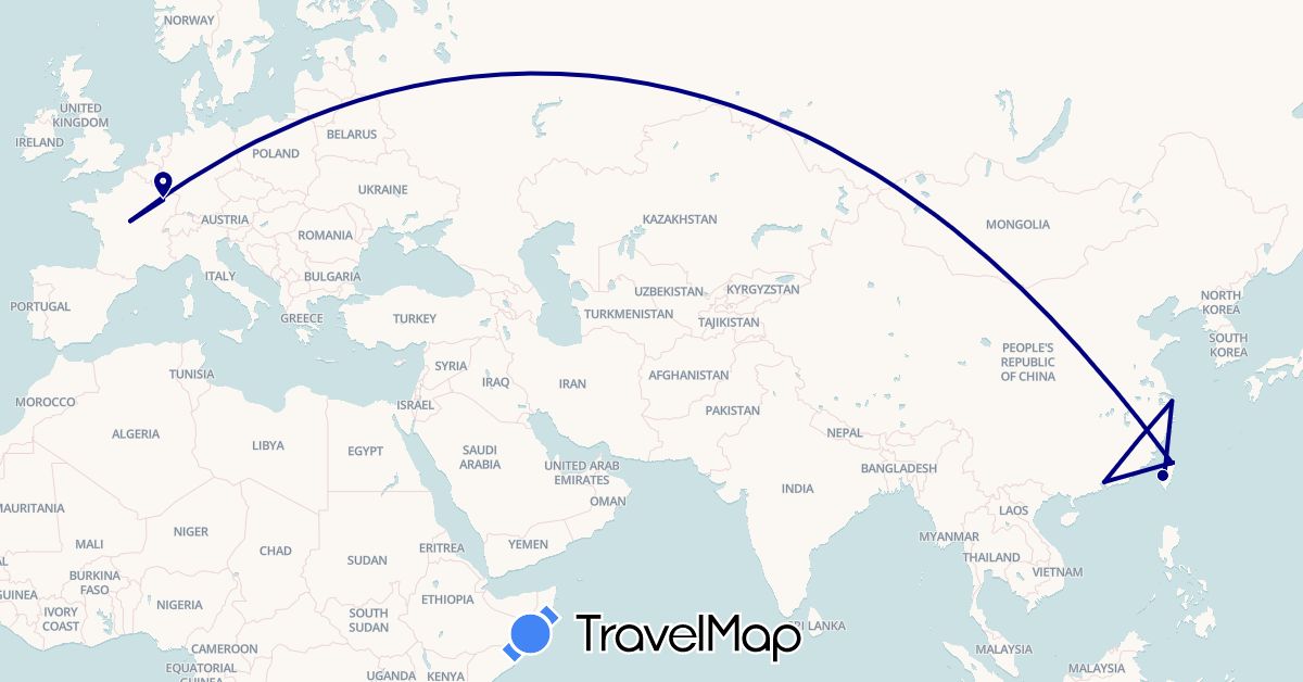TravelMap itinerary: driving in China, France, Taiwan (Asia, Europe)