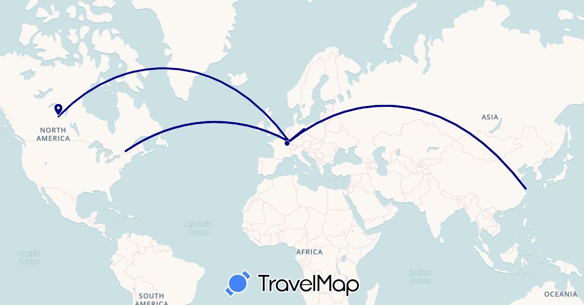 TravelMap itinerary: driving in Canada, China, Germany, France (Asia, Europe, North America)